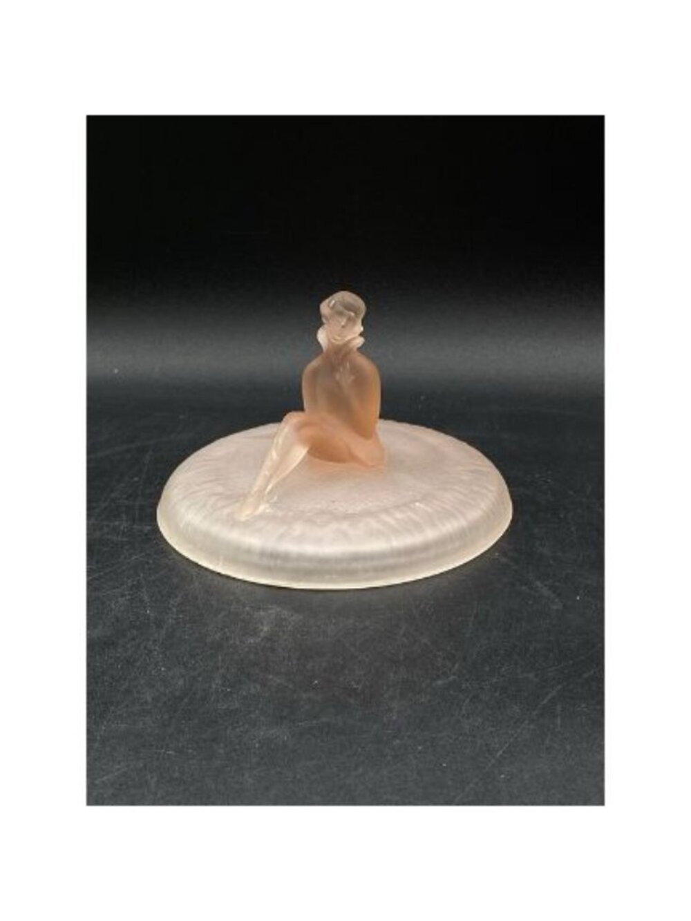 LE Smith Satin Pink Depression Glass Seated Woman Powder Jar Lid Only